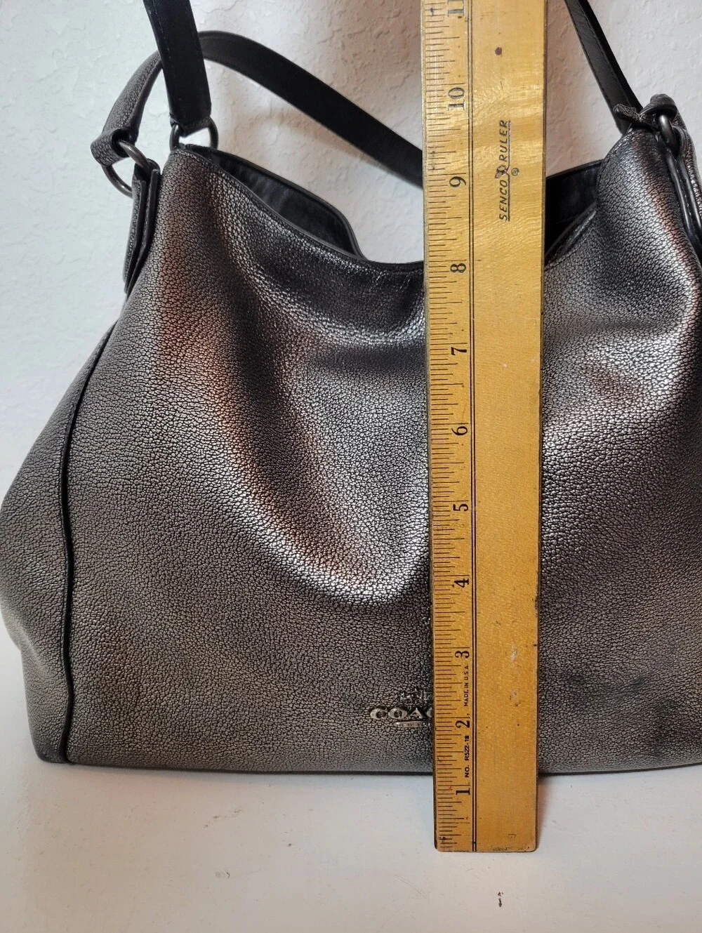Coach Gunmetal Pebbled Shoulder Bag Silver Hardware Zip Magnetic Logo Charm